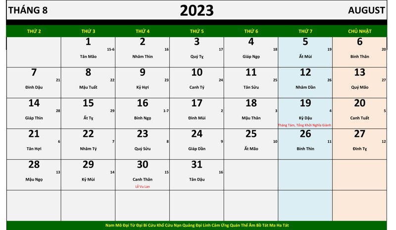Lịch tháng 8 năm 2023 Quý Mão